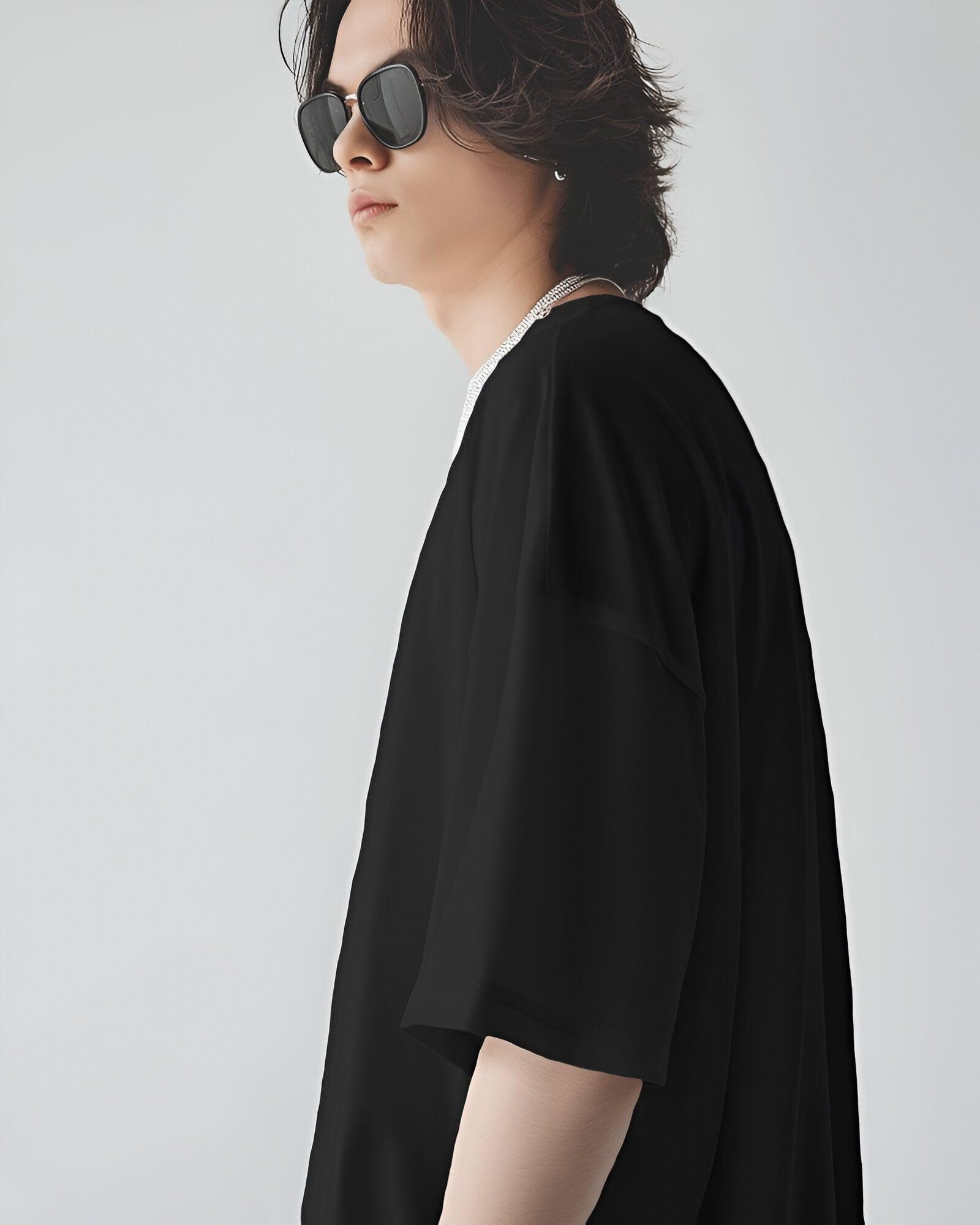 Dark Black Drop Shoulder Oversize Unisex T-Shirt - Nova India
